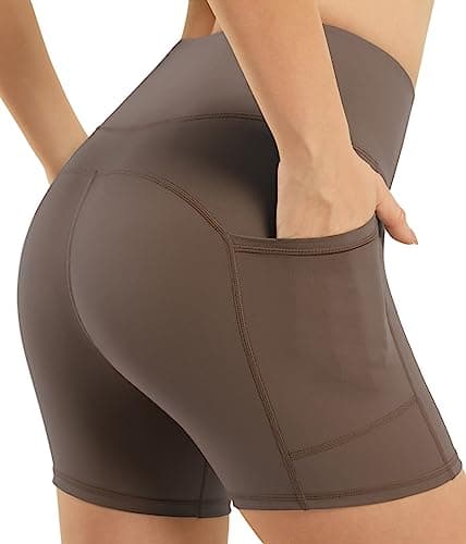 Image of JOYSPELS Gym Shorts for Women with Pockets, High Waist Womens Shorts for Cycling Activewear Running Yoga Workout Sport Exercise Brown M