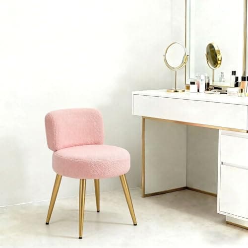 Image of Warmiehomy Dressing Table Stool, Teddy Velvet Dressing Table Chair With Gold Metal Legs, Comfy Make Up Vanity Chair for Bedroom, Living Room, Hallway, Pink