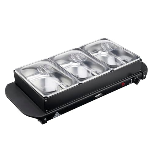 Image of Cooks Professional 3-Section Buffet Warmer 4.5 litre (3 x 1.5L) Capacity with Hotplate Function & Adjustable Temperature Control Dial | 200W Portable Electric Food Serving Tray | Black