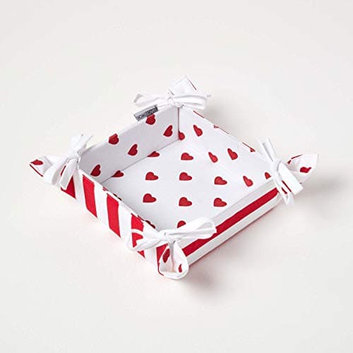 Image of HOMESCAPES Reversible Bread Basket Double Design Fabric Red Hearts pattern Foldable Basket for Buns Eggs Baked Goods 100% Cotton Cover