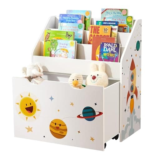 Image of SONGMICS Toy Organiser, Children抯 Bookshelf with 3 Shelves, Removable Storage Box with Wheels, Multipurpose, for Children's Room and Playroom, White GKR41WT