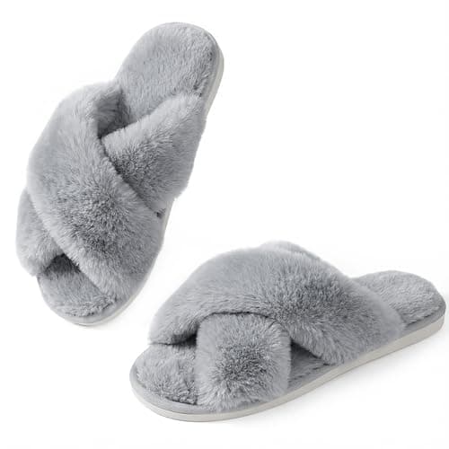 Image of Ankis Women's Grey Fuzzy Fluffy Slippers Size 5-12 Memory Foam Cross Band Open Toe Anti-Slide Indoor/Outdoor Slippers