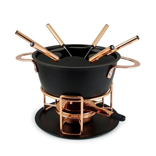 Image of Swissmar Realp 11-Piece Cast Aluminum Fondue Set – Black & Copper, 1.5L Non-Stick Pot, Elegant Copper Accents, Versatile for Cheese, Chocolate, Oil & Broth, Includes 6 Numbered Forks & Spatter Guard