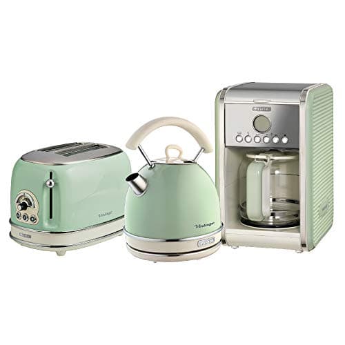 Image of Ariete ARPK14 Retro Style Dome Kettle, 2 Slice Toaster and Filter Coffee Machine Set, Vintage Design, Green