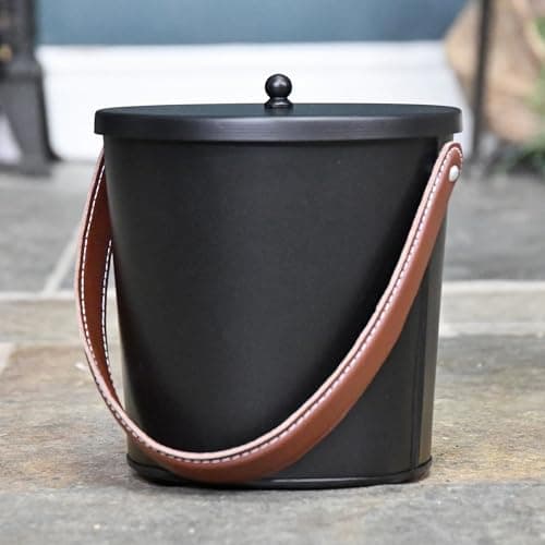 Image of Modern Black Ash Bucket with Leather Handle Heavy Duty Coal Scuttle & Log Bucket – Rustic Metal Fireplace Storage Container for Wood, Kindling & Ash – Fireside Accessory