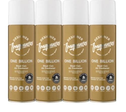 Image of Designer Fragrances 4 Pack One Billion Air Freshener Blast Cans - For Home & Vehicles – Natural Oils, Luxury Lasting Smell, Dry Mist Quick Release Spray – Deodorise & Neutralise Odours – 300ml