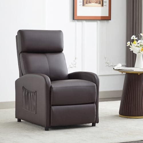 Image of mcc direct Push Back Recliner Chair, PU Leather Single Sofa with Lumbar Support, Padded Backrest, Side Pocket and Adjustable Leg Rest for Home Living Room Theatre (Brown)