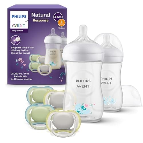 Image of Philips Avent Natural Response Baby Gift Set: 2 Natural Response Baby Bottles 260 ml with T3 (1 m+ Teats), 4 Ultra Air Soothers (Model SCD837/13)
