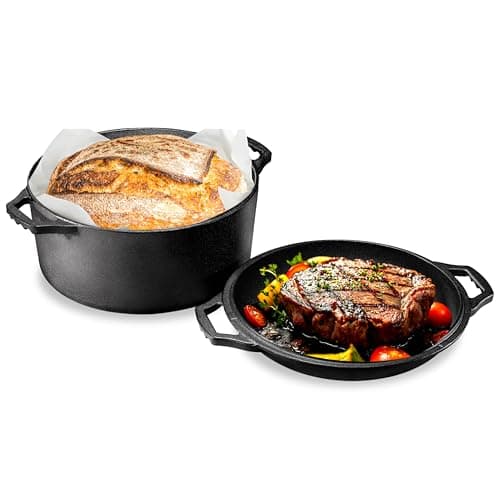 Image of NutriChef Cast Iron Multi Cooker - Pre-Seasoned Non-Stick Double Dutch Oven Stovetop Casserole Cookware Braising Pot and Skillet Lid with Handle- For Oven, Stove, Grill, Over a Campfire Cooking