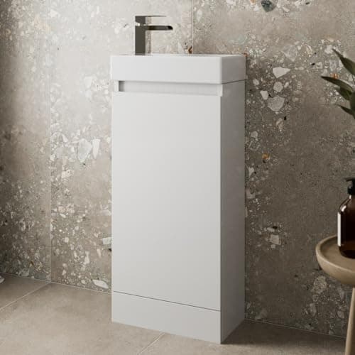 Image of Artis 400mm Bathroom Vanity Unit With Wash Basin Ceramic Sink, Single Door, Cloakroom Storage Furniture Under Basin Cabinet, Floorstanding Cabinets, White Gloss