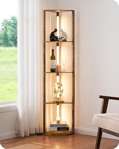 Image of EDISHINE LED Floor Lamps with Shelves, 4 Layers Wood Dimmable Standing Lamp, 360° Rotatable Poles, Corner Floor Lamps for Living Room Bedroom Office, Dark Brown
