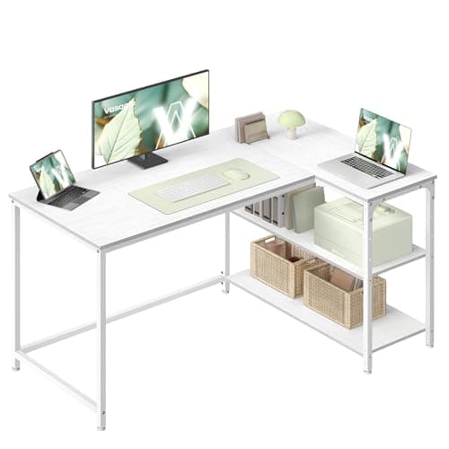 Image of VASAGLE L Shaped Corner Desk, Computer Gaming Desk with Storage, Reversible Height-Adjustable Shelves, for Home Office, 120 x 80 cm, Maple White LWD136WF01
