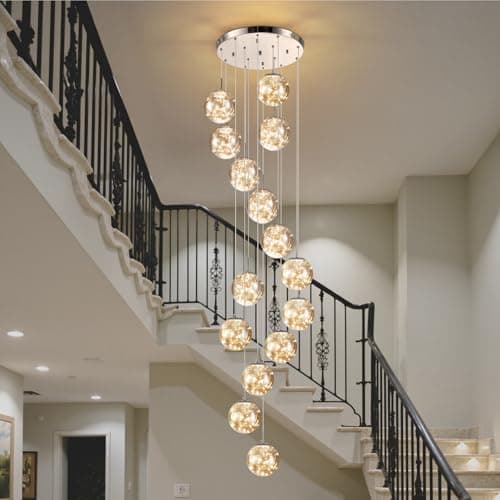 Image of Warmiehomy Staircase LED Chandelier,Dimmable Long Pendant Light Fixtures 15 Glass Balls,Modern Minimalist Hanging Ceiling Lights for Villa Living Room Foyer,75W,1275LM(Gray)