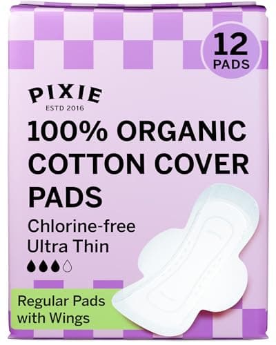 Image of Pixie Organic Cotton Pads for Women - Ultra Thin with Wings, Leak-Proof & Moisture-Wicking - Compostable, Unscented Menstrual Pads - Regular Absorbency - 12 Count