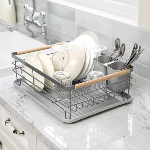 Image of Warmiehomy Dish Drainer Rack Dish Drying Rack Dish Rack with Removable Drip Tray, Draining Board Rack Sink Drainer Rack with Cutlery Holder for Kitchen Counter, Grey