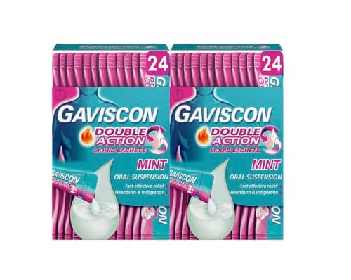Image of Gaviscon Double Action Heartburn & Indigestion Relief Mint Flavour Liquid Sachets 10ml, Pack of 48