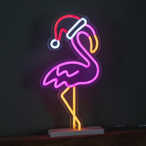 Image of 43cm Light up Neon Effect Flamingo with Santa Hat on Base with Multi-Coloured LEDs