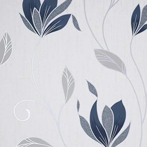 Image of Fine Decor Synergy Floral Navy Blue Silver White Paste The Paper Wallpaper