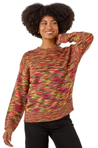 Image of Roman Originals Thick Jumper for Women UK - Ladies Winter Autumn Smart Casual Knit Knitted Knitwear Pull-On Round Crew Neck Long Sleeve Work Office Dinner Party - Green Multi - Size S