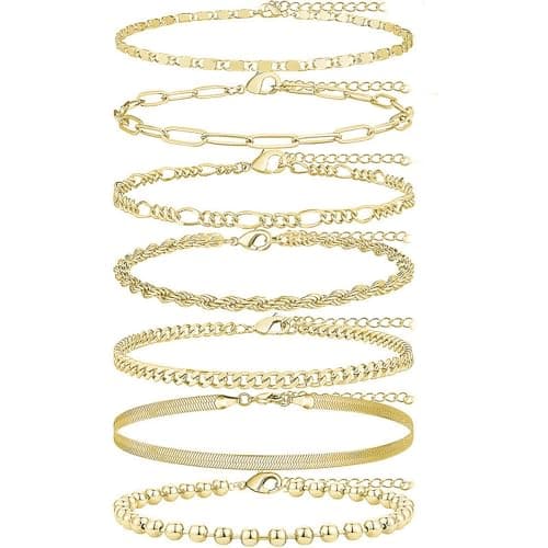 Image of CYWQ 7pcs Gold Ankle Bracelets for Women,14k Gold Plated Waterproof Layered Cuban Figaro Link Chain Anklets Set Women Jewelry Gift Adjustable (Gold)