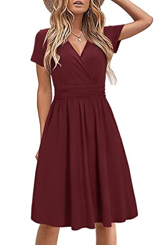Image of STYLEWORD Women's Summer Dress Short Sleeve V-Neck Sundress Dark Red Wrap Waist Casual Dress with Pockets(Dark Red,XX-Large)
