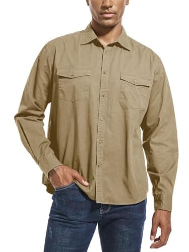 Image of LUIGRAD Mens Button Up Shirts Long Sleeve Button Down Shirts with Two Pockets Work Shirts for Men, Beige, XL