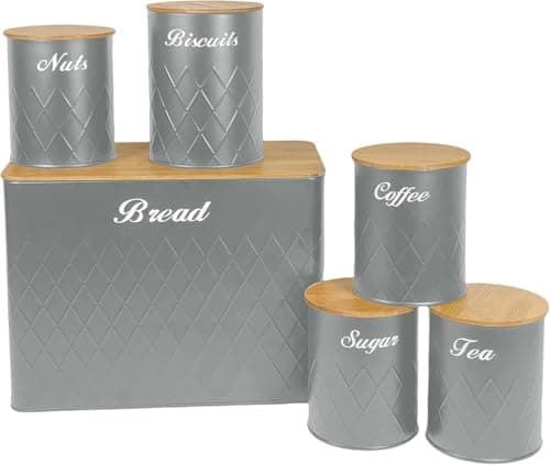 Image of SG Traders 6pc Kitchen Storage Set with Airtight Bamboo Lids Includes Tea Coffee Sugar Nuts with Matching Biscuit Barrel Canister Jar & Stylish Bread Bin – Diamond Embossed Design Matt Finish (Grey)