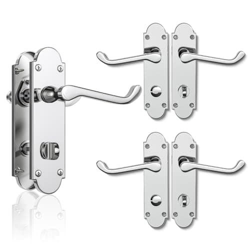 Image of Bwintech 3 Sets Polished Chrome Richmond Lever on Plate, Latch Furniture, Backplate Door Handles, with Bathroom knob, Suitable for Wooden Doors