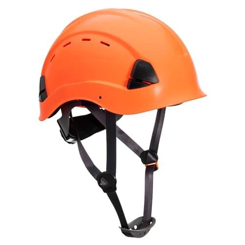 Image of Portwest PS63 Mens Vented Safety Helmet Hard Hat Height Endurance Lightweight ABS Shell 6 Point Harness Y Chin Strap Adjustable Sweatband Construction Scaffolding Industrial Work, Orange, One Size