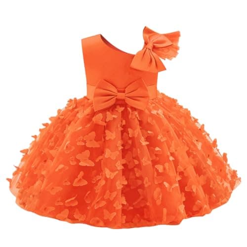 Image of Baby Girls Party Dress Flower Girl Dresses Princess Elegant Butterfly Bowknot Birthday Wedding Christening Gown Toddlers Bridesmaid Sleeveless Mesh Tulle Skirt Orange 12-18M