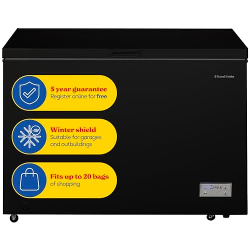 Image of Russell Hobbs Free Standing Chest Freezer, 300 Litres, Low Noise, Garage Safe, Counterbalance Lid, Front Drain Hole, 1.8m Cord, Castor Wheels, 5 Year Registered Guarantee Black, RH300CF201B