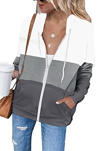 Image of iChunhua Womens Casual Color Block Zip up Long Sleeve Hooded Hoodies Sweatshirts with Pockets White Large