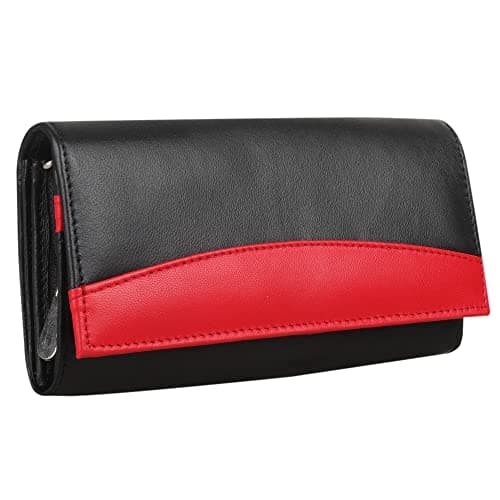 Image of STARHIDE Ladies Purse, RFID Protected Women's Wallet, Genuine Soft Real Leather Card Holder, Id Pocket Long Flap Over Purse, Antitheft Security Wallet 370 Black Red
