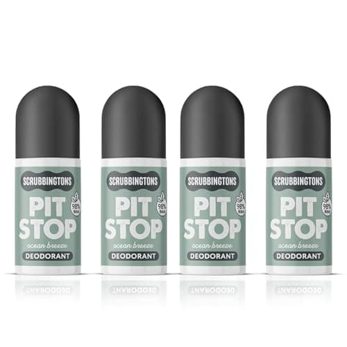 Image of Scrubbingtons Pit Stop 98% Natural Deodorant For Women, Men, Roll On For Sensitive Skin Made in UK. Paediatrician approved, Aluminium & Alcohol Free, Vegan & Cruelty Free, Ocean Breeze 75ml x 4