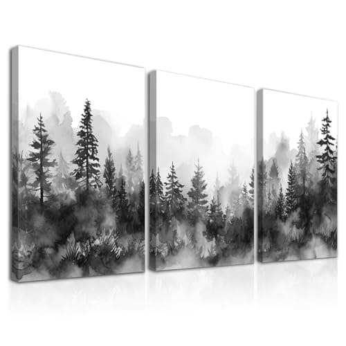 Image of Dazzlewall 3Pcs Framed Misty Forest Wall Art Decor, Black White Forest Landscape Canvas Wall Art for Office Bedroom Living Room Decor 12x16 in