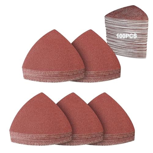 Image of PMIQSA 100 PCS Delta-Triangle Sanding Sheets 240 Grits Hook and Loop Sander Pads 93 x 93mm Detail Sander Pads for Grinding and Polishing Wood Metal