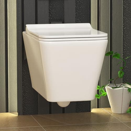 Image of Wall Hung Rimless Toilet 360mm Projection Gloss White Square Pan with Slim Soft Close Seat – Space Saving Design (Elena).
