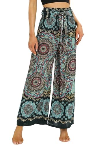 Image of Nuofengkudu Women Boho Wide Leg Trousers Smocked High Waisted Belted Summer Flowy Hippie Patterned Rayon Lightweight Petite Ladies Palazzo Lounge Pants Casual Holiday Beach Party One Size Green D