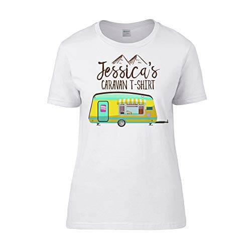Image of Getagift Personalised with Any Name Caravan Black & White Colour Women Short Sleeve Cotton T-Shirt, Present for Her, Happy Campers, Friend, Family, Birthday, Vacation, Holiday. (White, S)