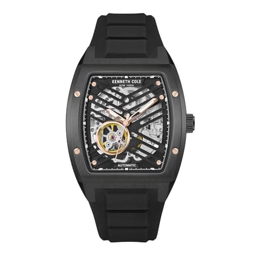 Image of Kenneth Cole Men's Watch - Luxury Automatic Self-Winding, Water-Resistant, Silicon Band, Buckle Watch, Black - Black Silicone Strap, Double Layer Dial