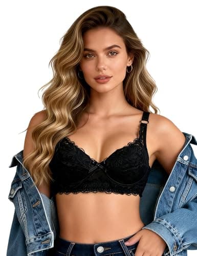 Image of comeondear Women's Push Up Bra Lace Underwired Bra Soft Cup Full Coverage Plus Size Underwired Bra Comfort Everyday Bra Black