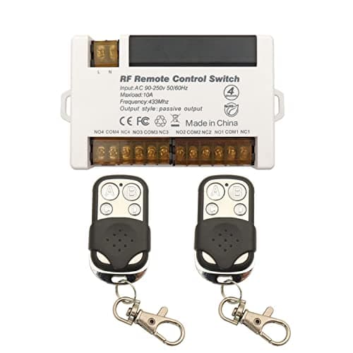 Image of DieseRC 4 Channels Wireless Relay Remote Control Switch 433Mhz RF AC 240V 220V 10A Relay Receiver with 2 Transmitters Keyfob, Big Terminal Easy Wiring