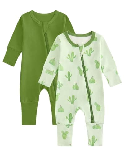 Image of JiAmy 2 Pack Baby Sleepsuits Baby Grows Cotton Two-Way Zip Long Sleeve Footed Pajamas with Mitten Cuffs Newborn Clothes for Boys Girls 0-3 Months Green