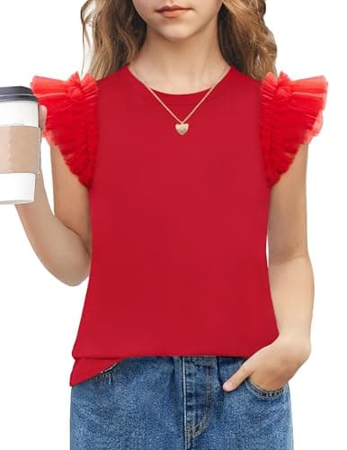 Image of Arshiner Girls Blouses Lace Sleeves Tshirt Kids Summer Tops Round Neck Flying Sleeves Short Sleeved Casual Fashion Plain Tee Shirt 11-12 Years Red