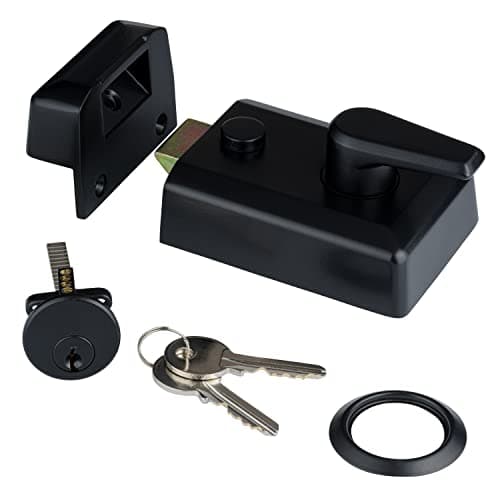 Image of XFORT 60mm Matt Black Night Latch Standard Complete with Rim Cylinder, Lock Case, Two Keys and Trim Ring, Door Lock Provides Increased Home Security, for Front Door Lock.