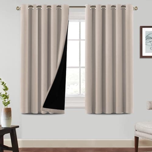 Image of BellaHills 100% Blackout Curtains for Bedroom Thermal Insulated Blackout Curtain Heat and Full Light Blocking Eyelet Curtains for Living Room with Black Liner 2 Panels, 66 x 54 Inch, Natural Sand