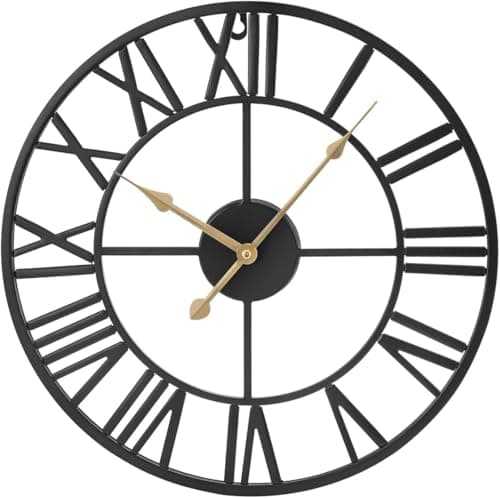 Image of Shoze Vintage Large Silent Black Round Skeleton Roman Numerals Battery Hanging Wall Clock (40cm) for Living Room Bedroom Kitchen Hotel Office