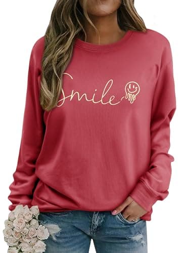 Image of WIEIYM Women's Sweatshirts Smile Sweatshirt Cotton Graphic Crewneck Sweatshirt Funny Long Sleeve Tops Basic Pullover for Spring Autumn Winter Red