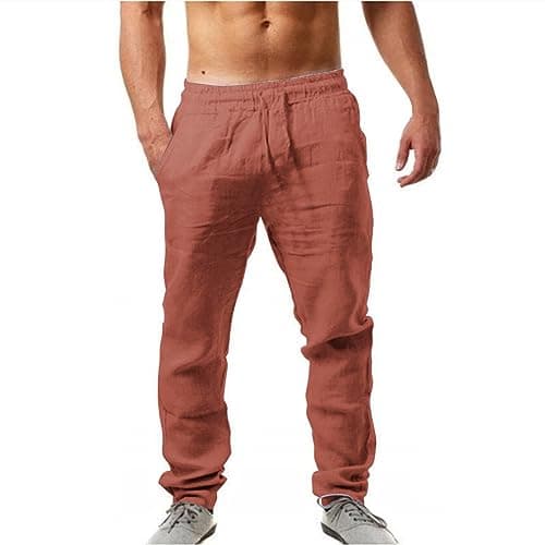 Image of 2025 Trousers Mens Elastic Pants Solid Color Breathable Linen Loose Casual Pants (Red, XXXL)