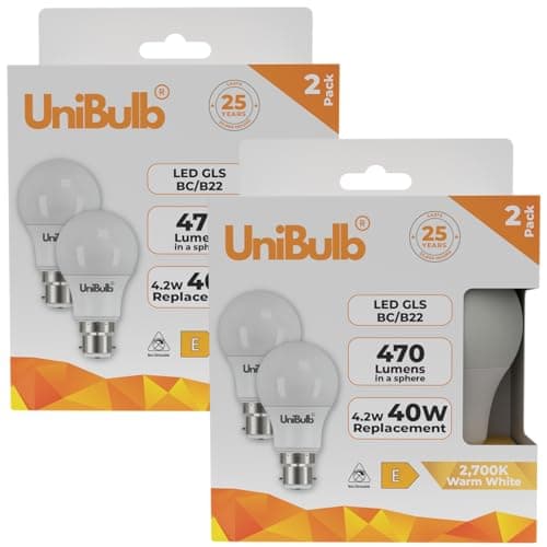Image of Unibulb BC / B22 / Bayonet LED Light Bulb, GLS, 4.2W, 470lm, Replaces 40W, Warm White 2700K, Non-dimmable, 25yr Lifespan, Pack of 2 (4)